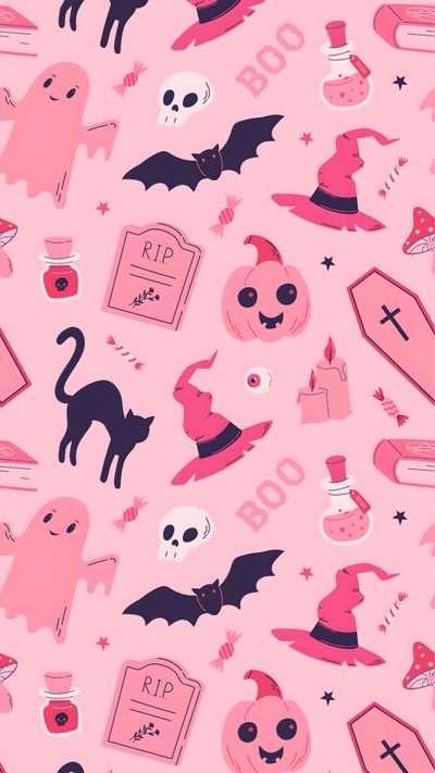 a pink background with halloween related items on it Pink Halloween Backgrounds Cute Halloween, Light Pink And Black, Pink Halloween, Halloween Backdrop,