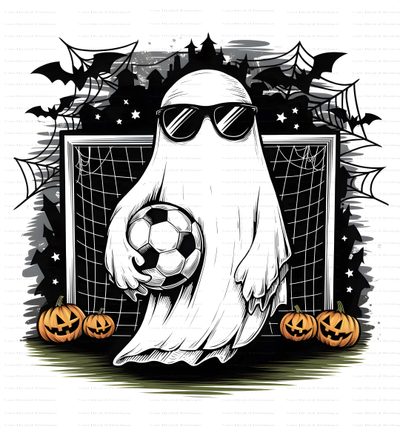 a ghost holding a soccer ball and wearing sunglasses Halloween Soccer Halloween Soccer, Ghost Football Logo, Soccer Pumpkin, Basketball Ghost, snow