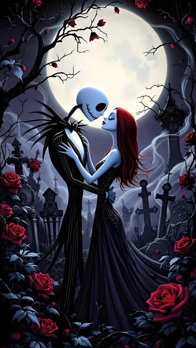 a painting of a couple kissing in front of a full moon with roses around them Halloween Love Background Jack And Sally, Christmas, Halloween Town, dark slate gray