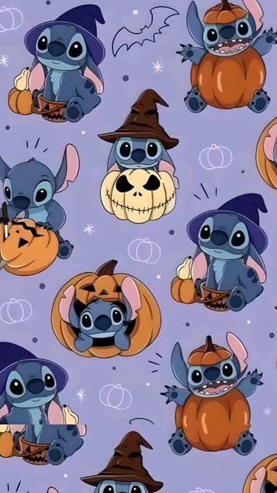 the stitcher is wearing a witches hat and holding a pumpkin Halloween Stitch Cute Stitch Halloween Aesthetic, Cute Halloween Stitch Backgrounds, Stitch Halloween For Ipad, dark gray