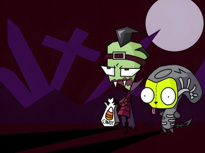 two cartoon characters standing next to each other in front of a dark background with the word v Invader Zim Halloween Invader Zim Photos, Gir Invader Zim Pumpkin, Invader Zim Halloween Spectacular Of Spooky Doom, black