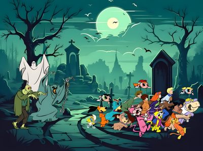 an animated scene with many cartoon characters on the ground and in front of a graveyard Scooby Doo Halloween 1920x1080 Halloween Movie Cartoon Network, Old Cartoon Network Halloween, Cartoon Network Halloween, dark slate gray