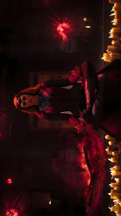 a woman standing in the middle of a room with red lights on her face and hands Halloween Wanda Scarlet Witch Comic, Witch, Harry Potter Fondos De Pantalla, Chaos Magic, black