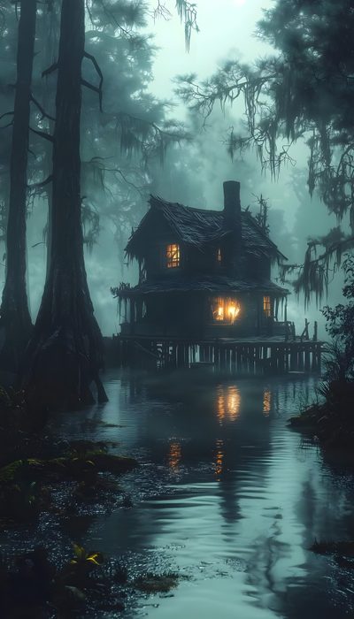 a house that is sitting in the middle of some water with trees and fog around it Halloween Swamp Swamp Houses, Swamp Cottage, Dark Bayou, Swamp House, Spooky Swamp Scenery, dark slate gray