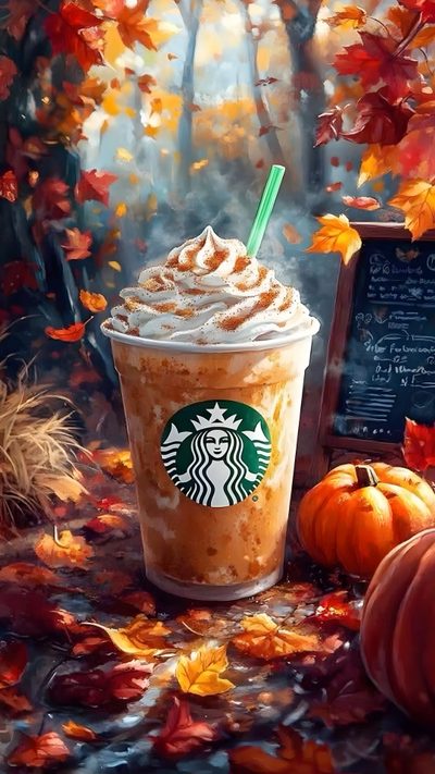 a painting of a cup of starbucks coffee and pumpkins Halloween Starbucks Fall Starbucks, Pumpkin Spice Iphone, Pumpkin Spice Latte Aesthetic, saddle brown
