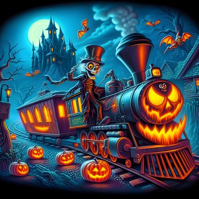 a train decorated for halloween with pumpkins and jack - o'- lanterns Halloween Train Holiday, Train Halloween, Biker Betty Boop, Halloween 2, Halloween Trains, dark slate gray