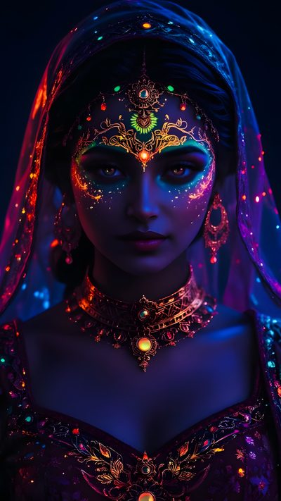 a woman with glowing makeup and headdress Halloween Kali 2 Colorful Glowing Makeup, Creative Makeup Ideas, Fantasy Character Art, black