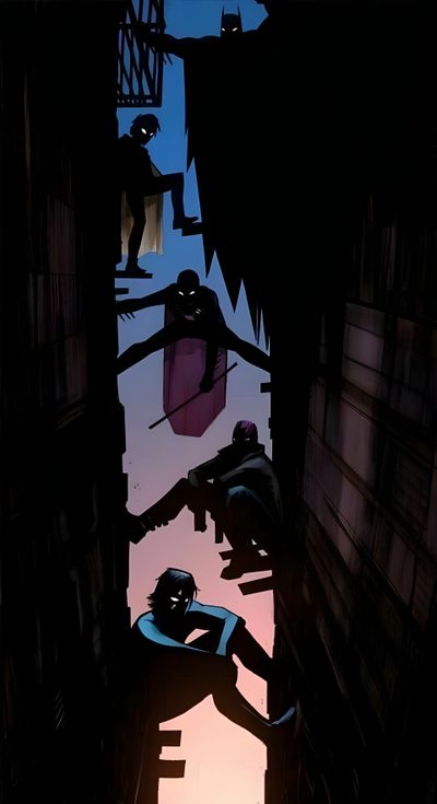 the shadow of two people standing in an alley way with one person reaching for something Dc Halloween Bat Signal 4k, Batman And Nightwing, Dc Background, Dc Comics Background, Dc Iphone, black