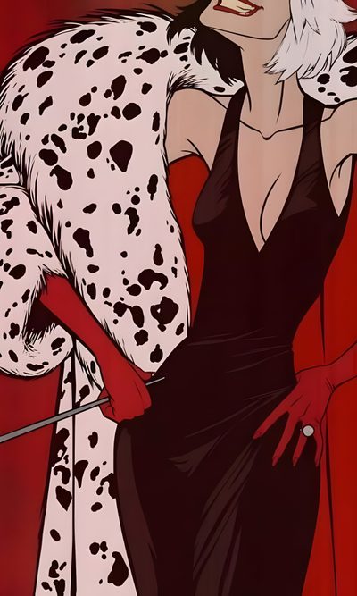 a painting of a woman in black dress with dalmatian fur Halloween Villains Cruella De Ville Cartoon, Cruella Cartoon, Cruella Deville Costume Cartoon, maroon
