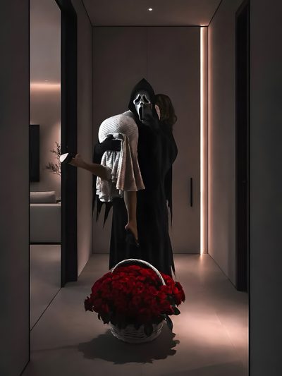 a woman in a black dress and a man in a white robe are hugging each other Hot Halloween Horror Lover, Ghost Face Cosplay, Ms Sethi Clapping, dark slate gray