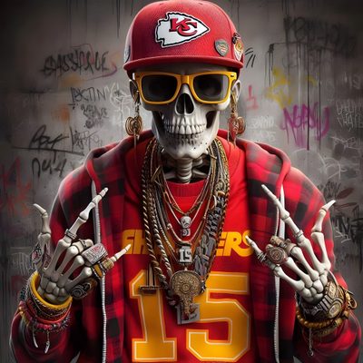 a skeleton wearing a football jersey and holding two hands up in the air with chains around his neck Chiefs Halloween Chiefs Profile Picture, Tuff Chiefs, Chiefs Cool, Chiefs Skull, dark olive green