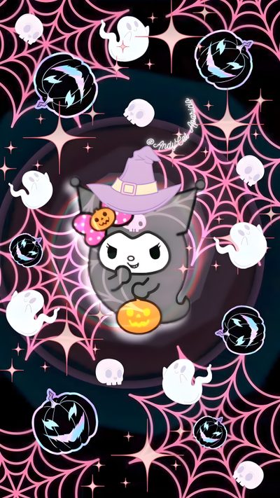 a cartoon cat wearing a witches hat and holding a pumpkin in front of a spider web Sanrio Halloween Gif Hello Kitty Pictures, Hello Kitty, Sanrio Halloween, Halloween, dark slate gray