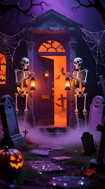 two skeletons in front of a house decorated for halloween Halloween Party Halloween Cemetery, Halloween Scene Background, Halloween Haunted Mansion Background, dark slate gray