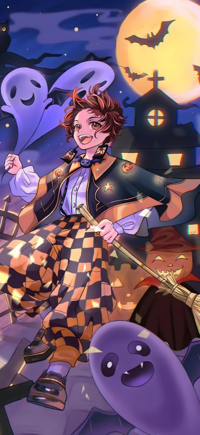 a woman dressed as a witch flying through the air Halloween Demon Slayer Demon Slayer Halloween Backgrounds, Tanjiro Halloween Fanart, Demon Slayer Halloween, dim gray