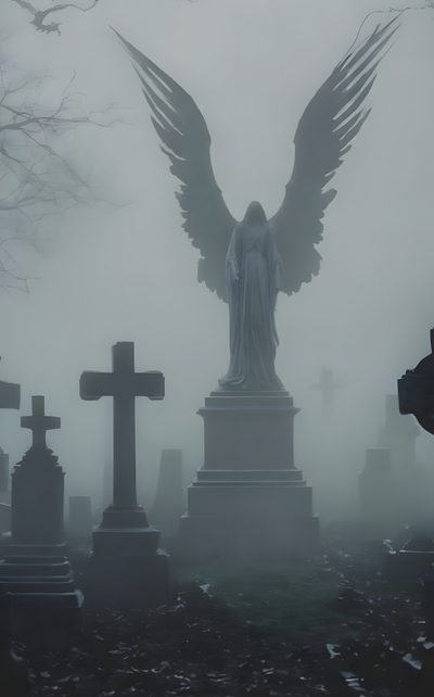 an angel statue surrounded by tombstones in the fog Halloween Angel Gothic Images, Real Angels, Beautiful Dark Art, Angel Art, light slate gray