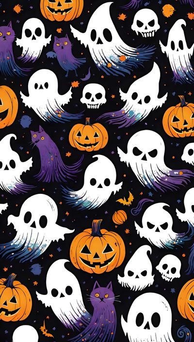 a group of halloween pumpkins and ghost heads on a black background with white skulls Halloween Monster Pattern Cute Ghost And Pumpkin Background, Ghost Background, Ghost And Pumpkin Background, dark slate gray