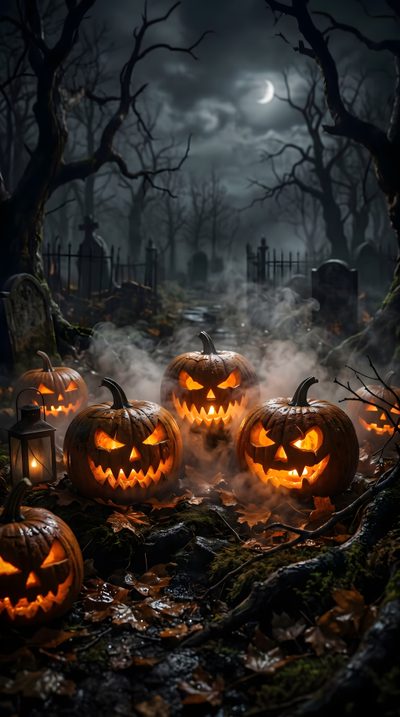 halloween pumpkins lit up in the dark forest Ios 26 Halloween Scary Halloween, Halloween 2026, Vintage Halloween Photos, Halloween Canvas Art, black