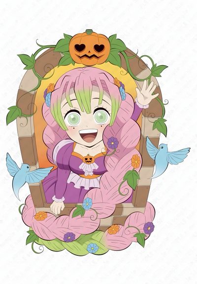 an anime character with pink hair and green eyes sitting in a chair surrounded by birds Mitsuri Halloween Mitsuri Halloween Pfp, Halloween Mitsuri Pfp, Mitsuri Halloween, Halloween Mitsuri, linen