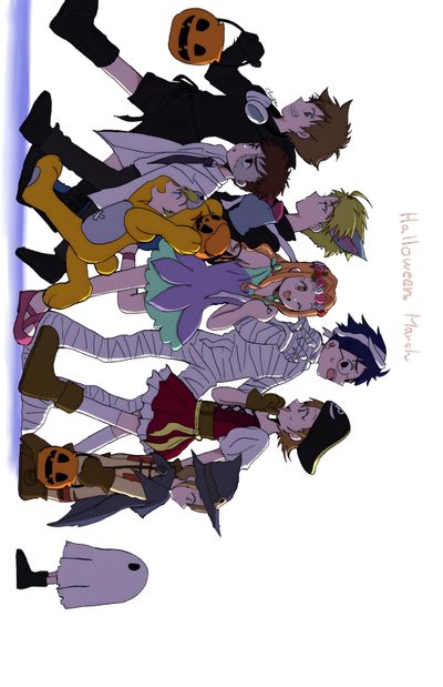 a group of cartoon characters standing next to each other Digimon Halloween Digimon World Full Map, Digimon Crossover, Digimon Tai Fanart, Digimon Tamers, white