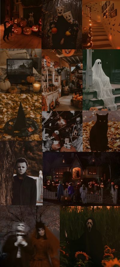a collage of halloween images with pumpkins, ghost and people in the background Halloween Collages For Phone Halloween, Halloween Background For Boys, Fall Spooky, black