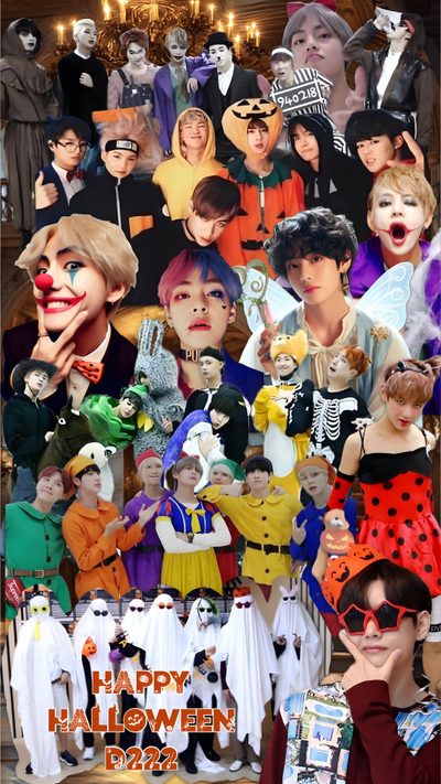 a collage of people dressed up in halloween costumes, including clowns and cats Bts Halloween Bts Halloween Costume, sienna