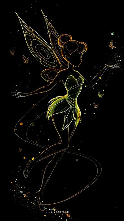 a drawing of a woman with wings on her body and butterflies around her neck, in the dark Tinkerbell Halloween Tinkerbell Quotes, Tinkerbell, Disney Silhouettes, Farm Coloring Pages, black