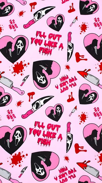 a pink background with black and red hearts, knifes, and skulls on it Pink Halloween Ghostface Halloween Iphone Backgrounds, Halloween Backgrounds, Halloween Cute, lavender blush