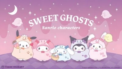 some cute little ghost characters standing in front of a purple background with the words sweet ghosts sanrio characters Halloween Sanrio Desktop Sanrio For Laptop, Purple Sanrio Laptop, Sanrio Fall Laptop, Sanrio Ghost, plum