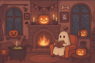 a living room decorated for halloween with pumpkins on the fireplace and ghost reading a book Halloween Computer Fall Computer Backgrounds, Desktop Fall, Halloween Desktop, October, Reading, saddle brown