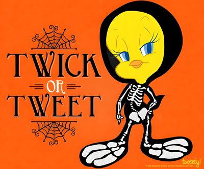 an image of a cartoon character with the words twick or tweet Tweety Bird Halloween Looney Tunes Halloween, Gangsta Tweety Bird, Scary Tweety, Evil Tweety Bird, orange red
