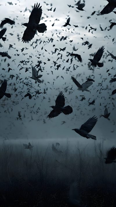 a flock of birds flying over a field under a cloudy sky in the dark night Halloween Crow Dark Custom Birds Horror, Beautiful Crow, Cuervo, Raven Vibes, Corvo, dark slate gray