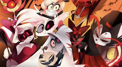 several cartoon characters are standing together in front of an orange background with black and white cats Hazbin Hotel Halloween Hazbin Hotel Journey To The Light, Root Of All Evil Hazbin Hotel, Hazbin Hotel The Three Vs, sienna