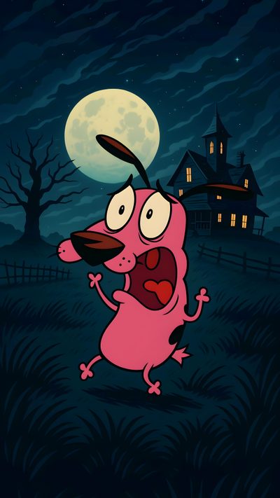 an animated pink dog running in front of a house at night with the moon behind it Cartoon Network Halloween Courage The Cowardly Dog Screensaver, Cartoon Network Halloween, Lock Screen Aesthetic Courage The Cowardly Dog, black