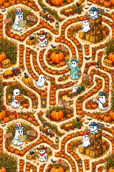 Detailed repeating pattern showing a pumpkin patch maze with cute ghosts, tractors, lanterns, pumpkins, corn fields, hay bales, and harvest festival elements in warm autumn colors. Halloween Maze Otomi Embroidery Playmat Ghost Pumpkin, Harvest Festival, Pumpkin Pattern, chocolate