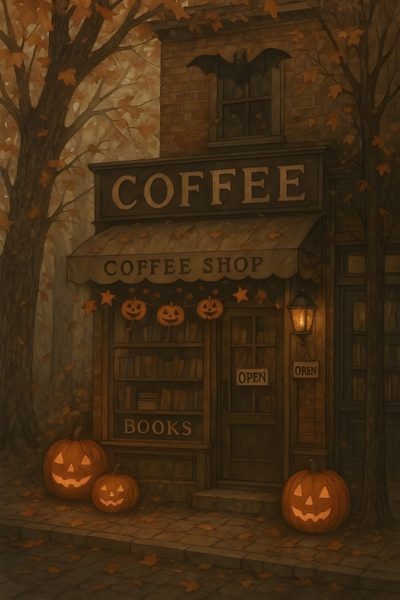 a painting of a coffee shop with pumpkins Rustic Halloween Spooky Fall Aesthetic, Cozy Halloween Aesthetic, Spooky Autumn Aesthetic, dark slate gray
