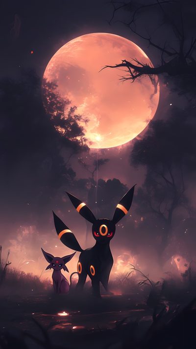 two cartoon animals standing in front of a full moon Halloween Umbreon Pokémon Halloween, Halloween Pokémon, Spooky Pokemon, Halloween Pokemon, dark slate gray