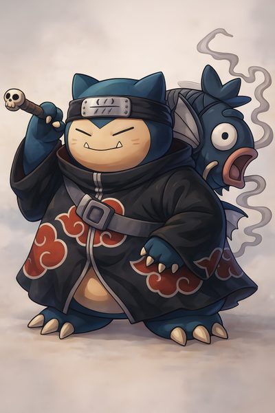 Snorlax Akatsuki – Koi da Névoa”  📝 Descrição: Um Snorlax estilizado como um membro da Akatsuki, vestindo o manto negro com nuvens vermelhas e exibindo um sorriso confiante. Ao seu lado, um Magikarp sombrio flutua com energia mística, exalando fumaça como se fosse um espírito carpa. O visual mistura humor e imponência, combinando o mundo ninja e o universo Pokémon em um design marcante.  🏷️ Hashtags: #SnorlaxAkatsuki #PokémonNinja #Fanart #NarutoCrossover #AkatsukiStyle #Magikarp #AnimeArt #AEDS #OtakuArt #CrossoverArt #PokémonFanart Snorlax And Squirtle, Pokemon Kabigon, Snorlax Naruto, Charizard Snorlax, Anime Snorlax, Snorlax Akatsuki, Snorlax And Charizard, Snorlax Gengar, Kabigon Wallpaper Halloween Snorlax Snorlax And Squirtle, Pokemon Kabigon, Snorlax Naruto, Charizard Snorlax, rosy brown