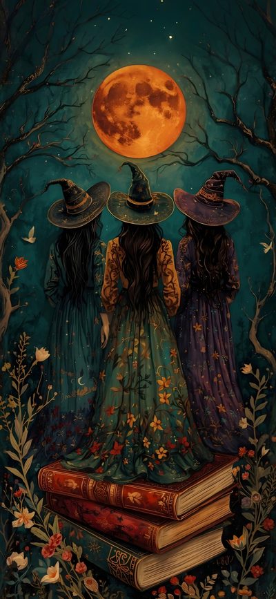 three witches looking at the full moon with books in their hands and trees around them Halloween Season Of The Witch Witch, Witch Pictures, Witchy, Witch Aesthetic, Witch Art, Witchy Vibes, black