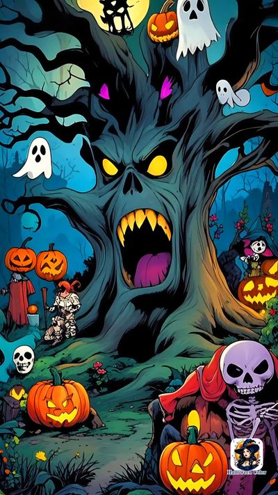 a halloween tree with pumpkins and ghost faces Halloween Cartoon Halloween Cartoons, Cartoon Halloween, Halloween Cartoon, dark slate gray