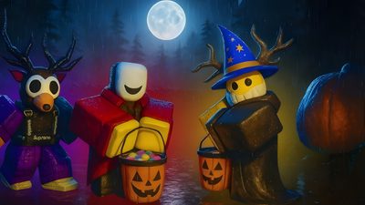 three scarecrows dressed up as witches and pumpkins in front of a full moon Halloween Roblox Haunted House, Dark Night, Roblox Cave, Tombstone, Haunted Forest, dark slate gray