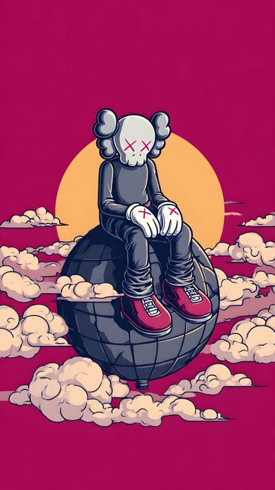 a drawing of a person sitting on top of a ball in the sky with clouds Halloween Kaws Kaws Iphone, brown