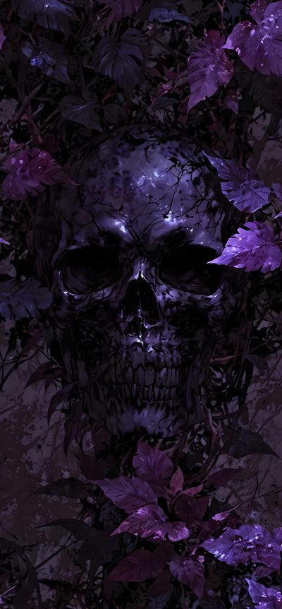 a skull surrounded by purple flowers and leaves Halloween Skull Purple Custom Spooky Dark Purple, Purple Skull Iphone, Purple Skull Aesthetic, black
