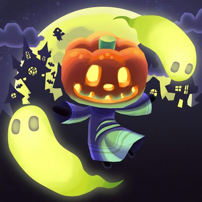 an animated halloween scene with pumpkins and ghost Animal Crossing Halloween Jack From Animal Crossing, Animal Crossing Jack, Acnl Jack, dark slate gray