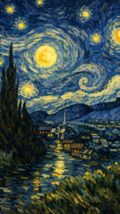 the starry night painting is shown in this image Van Gogh Starry Night Halloween Van Gough, Famous Painting Starry Night, Lukisan The Starry Night, dark slate gray