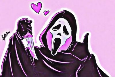 a drawing of a ghost with a knife in his hand and hearts flying above it Pink Halloween Ghostface Scream Laptop, Ghost Face Aesthetic Computer, Pink Ghost Face Aesthetic, thistle