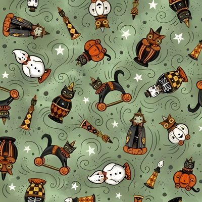 an image of halloween cats and pumpkins on green background for fabric or wallpaper Johanna Parker Halloween Retro Halloween Fabric Inspiration, Spooky Holiday Fabric Print, Green Halloween Fabric, gray