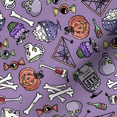 a purple background with lots of halloween items Halloween Jumble -faded Purple Pastel Skull Fabric Design, Y2k Halloween Seamless Pattern, Purple Halloween Dessert Pattern, light slate gray