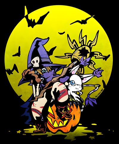 an image of halloween scene with pumpkins and witches Digimon Halloween Sailor Moon Character, Anime Shirt, Pet Toys, Pokémon, Digimon Digital Monsters, black