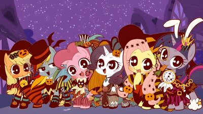many cartoon characters are standing together in front of a purple background Halloween Pony Halloween Fluttershy, My Little Pony Characters Halloween, Mlp Halloween, dim gray
