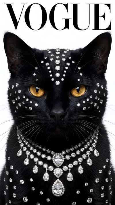 a black cat with gold eyes and jewelry Black Cat Diamonds For Halloween In Cat Photo, Black Cat, Crystals,